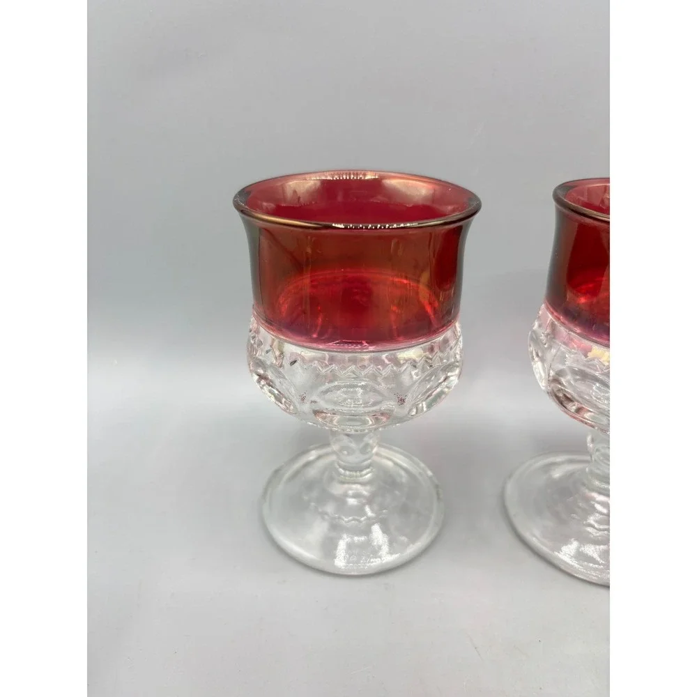 Vtg 4 Pc Ruby Red Flashed Glass Cordial Goblets Kings Crown‎ Stem Bar Ware